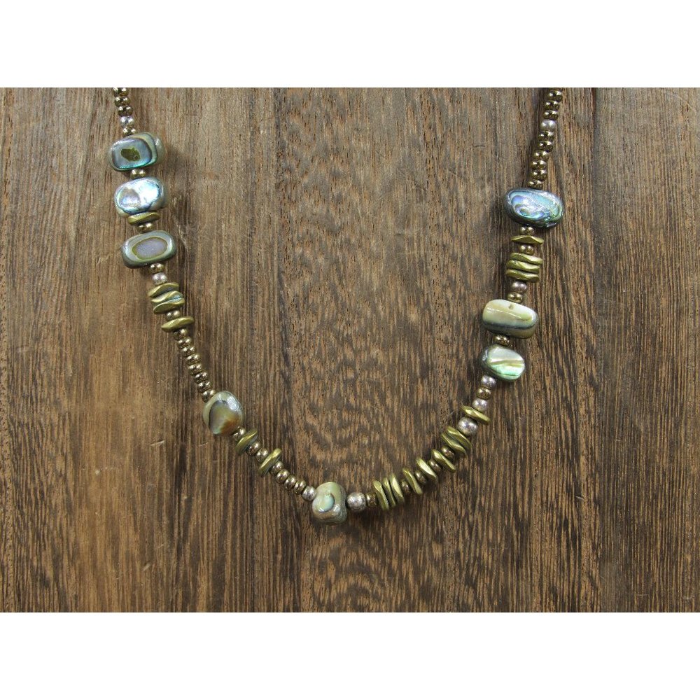 18" Sterling Silver Abalone Shell And Pearl Brown Necklace Vintage Minimalist